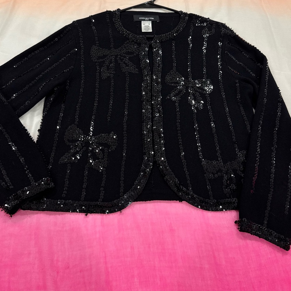 Jones New York Black Sequin Bow Jacket